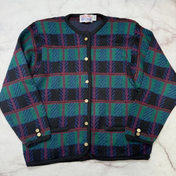 Vintage Tally Ho Womens Cardigan Sweater Size 2X Green Black Plaid Gold Buttons - Picture 1 of 5